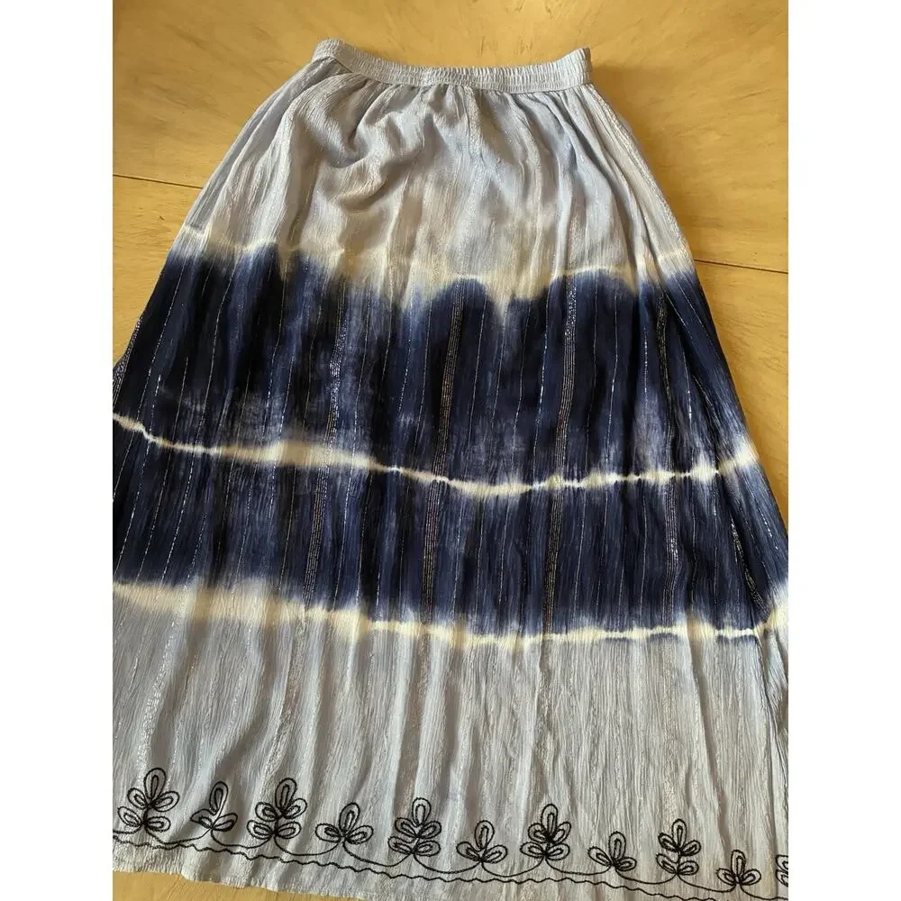 Boho Tie Dye Maxi Skirt Artsy Hippie Festival silver glittery stripes Fairy Med